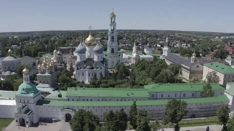 Drone circling monastery complex with cathedral domes Video stock 332019668