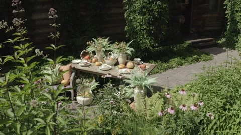 Drone circling rustic pumpkin table setup Vidéo 329540302