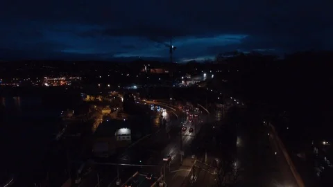Drone city flight through the night with blue heaven Stock Footage 104627686