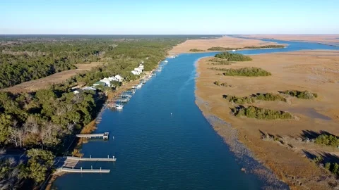Drone clip of slow action over the intercostal waterway in South Carolina Stock Footage 325810390