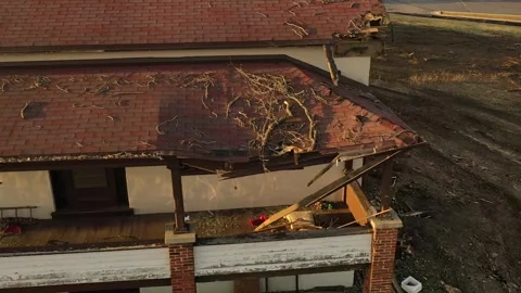 Drone close up of damaged roof with structural damage Wisconsin 4K Stock-Footage 331762157