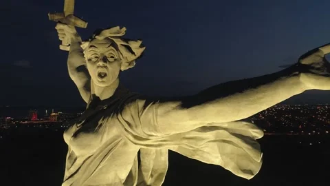 Drone close to hand night backlight mound Volgograd Woman symbol of motherland Stock-Footage 146835439