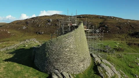 Drone Close-Up Iron Age Carloway Broch, Isle of Lewis, Scotland, 4K Stock Footage 152868929
