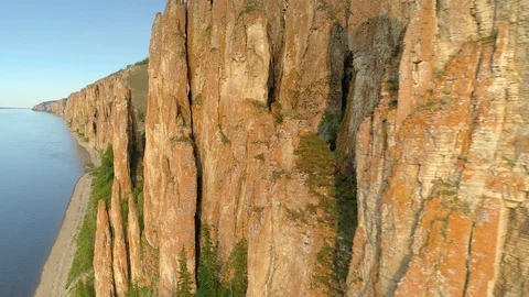 Drone close Lena pillars river epic vertical cliffs national park Yakutsk Russia Stock Footage 121177504
