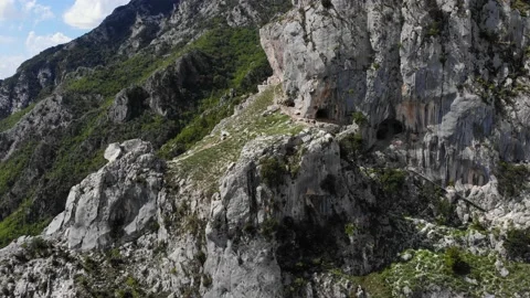 Drone close up rock geologic formation in Mount Dajti Bovilla lake Albania Stock Footage 232683909