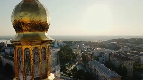 Drone Close Up shot of Mosaic on Saint Sophia's Cathedral Golden Dome, Kiev Stock Footage 201012132