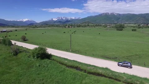 Drone close up video of the car moving on rural area Stock-Footage 144640096