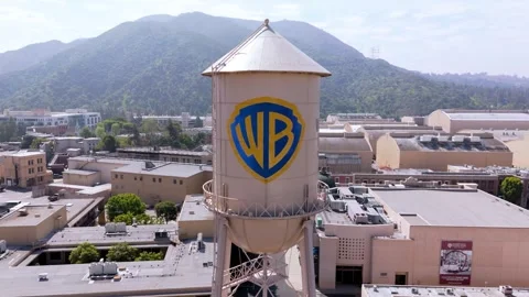Drone Close-Up of Warner Bros Water Tower in Burbank, California Stock Footage 307585278