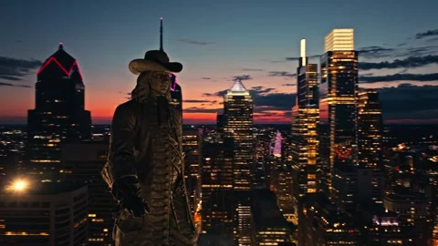 Drone Close Up William Penn Statue Philadelphia City Hall Night Lights No Logos Stock Footage 284446807