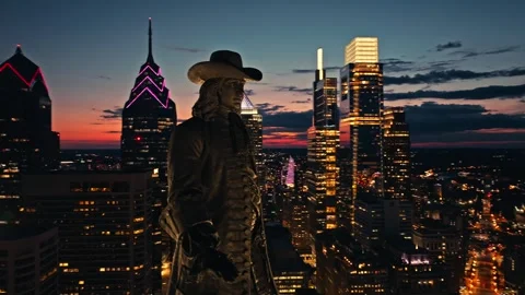 Drone Close Up William Penn Statue Philadelphia City Hall Night Lights No Logos Stock Footage 284446818