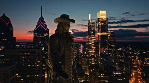 Drone Close Up William Penn Statue Philadelphia City Hall Night Lights No Logos Stock Footage 284446819