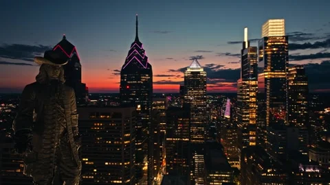 Drone Close Up William Penn Statue Philadelphia City Hall Night Lights No Logos Stock Footage 284446820