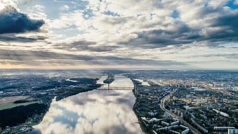 Drone Clouds Hypperlapse in Riga city, town Timelapse, block of flats, Slow Stock Footage 89029956