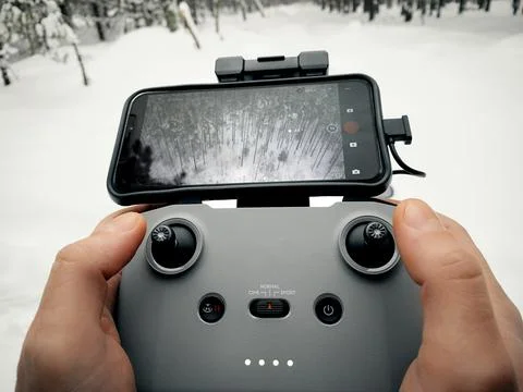 Drone control panel in the hands of a man. Winter forest. Foto stock