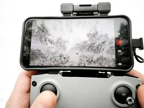 Drone control panel in the hands of a man. Winter forest. Foto stock