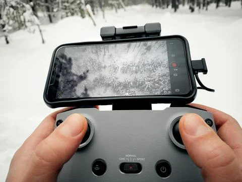 Drone control panel in the hands of a man. Winter forest. Foto stock