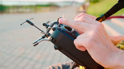 Drone control panel with joystick in male hands close up Stock Footage 238676976