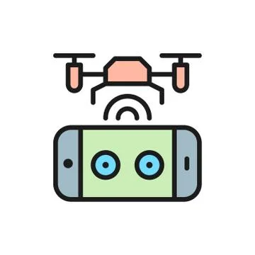 Drone with control panel, mobile remote controller flat color line icon. 스톡 일러스트