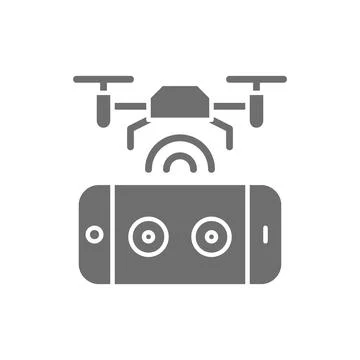 Drone with control panel, mobile remote controller grey icon. Stock Illustration