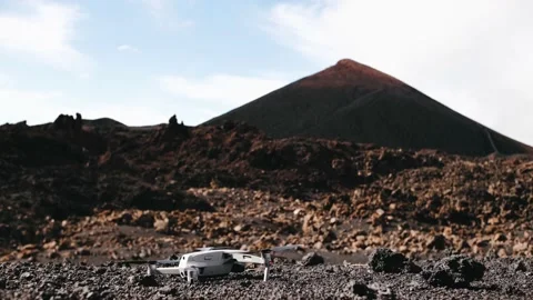 Drone copter is taking off from a black lava near volcano Chinyero Video stock 170255082