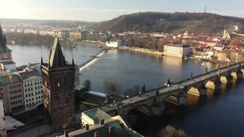 Drone crane shot over the iconic Charles Bridge in Prague, Czech Republic Stock Footage 264126769