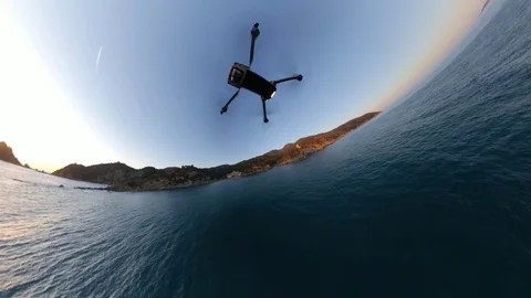 Drone Crash on the cliff at sunset, POV from VR360 cam Stock Footage 106188498