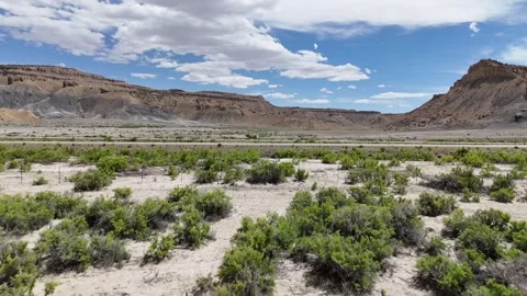 Drone crosses small canyon as lone car travels desert interstate 動画素材 340580697