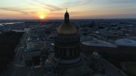 Drone dawn desert epic cityscape St. Petersburg Isaac's Cathedral old downtown Stock Footage 129503227