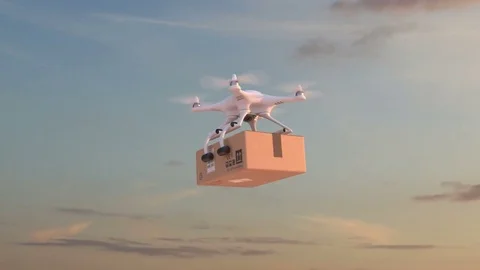 Drone deliver a parcel against time-lapse sky background Video stock 85225932