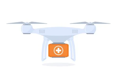 Drone delivering first aid kit. Drug delivery by quadrocopter, modern technol Stock Illustration