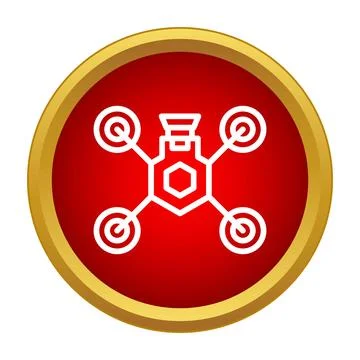 Drone delivering hexagonal package icon in red button Stock Illustration