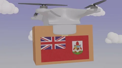 Drone delivering a package with the flag of  - Bermuda Stock Footage 233910343