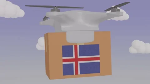 Drone Delivering a Package With the Flag of  - Iceland Stock Footage 234032067