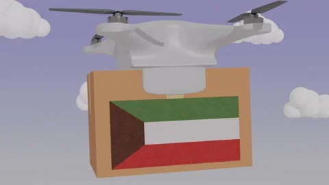 Drone delivering a package with the flag of  - Kuwait Stock Footage 233910455