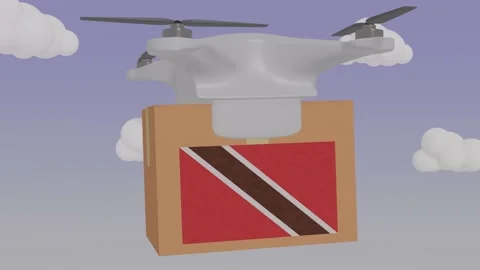 Drone Delivering a Package With the Flag of  - Trinidad and Tobago Stock Footage 234032001
