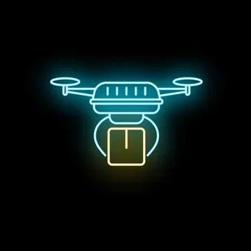 Drone delivering package in glowing neon line style Stock Illustration