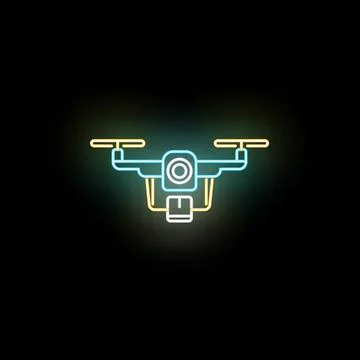 Drone delivering package with glowing neon lines on black 스톡 일러스트