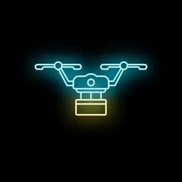 Drone delivering package in neon glowing line icon Stock Illustration