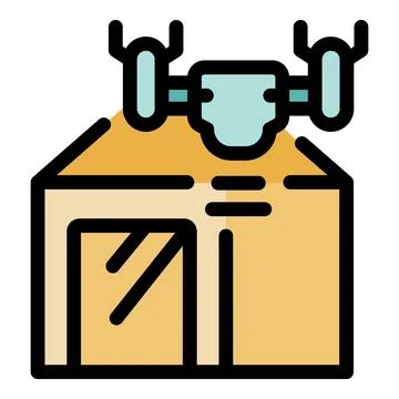 Drone delivering package to smart warehouse with automatic door Illustrazione stock