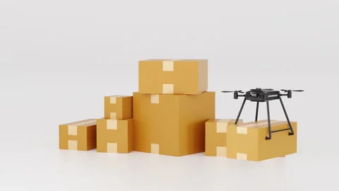 Drone delivering parcel box around cardboard box stack, futuristic express deliv Stock Footage 257284825