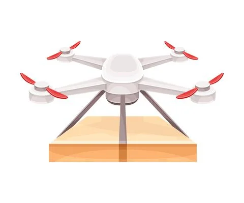 Drone delivering parcel box to customer. Modern express delivery air service Stock Illustration