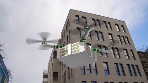 Drone delivering pizza boxes -  fast food delivery concept Stock Footage 80117730