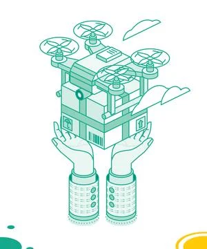 Drone delivers and puts a box in hands. Service technology. Isometric outli.. Illustrazione stock