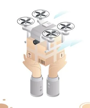 Drone delivers and puts a box in hands. Service technology. Isometric conce.. Stockillustratie