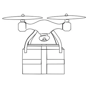 The drone delivers the package. Drawn by hand in one continuous line. Stock Illustration