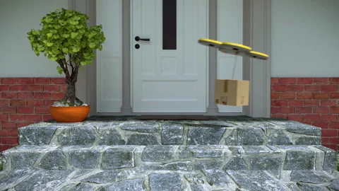Drone delivers a package in front of the house door, 3D animation Stock-Footage 130458767