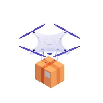 Drone delivers parcel box. White quadrocopters ship sort yellow boxes 스톡 일러스트