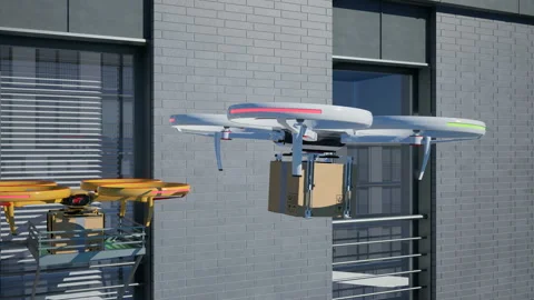 Drone delivers parcel to residence. Stock Footage