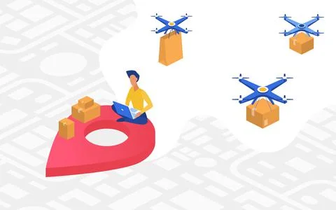 Drone delivery concept, man ordering goods online, deliver drone delivering イラスト素材