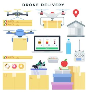 Drone delivery concept, set of elements. Drone delivers packages with various Stock Illustration